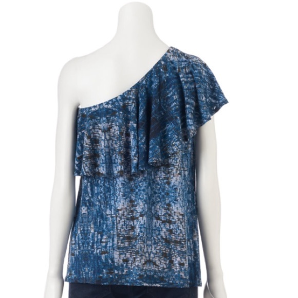 New Jennifer Lopez J.Lo Blue SnakeSkin Animal Print Ruffle One Shoulder Top XXL - Picture 2 of 9